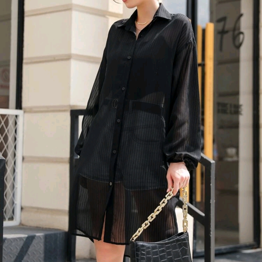 ❄️ 3/$30 Black Sheer Flowy Long Collar Button-Up Blouse Shirt Dress / Duster - Picture 1 of 11